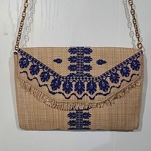 Stella & Dot Embroidered Raffia Clutch Shoulder Bag Purse